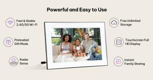 Homture AI Magic Frame featuring touchscreen Full HD display, Wi-Fi, unlimited storage, radar sensing and family photo sharing.