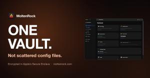 Dark banner reading "One Vault. Not scattered config files." above a screenshot of the MoltenRock Mac app