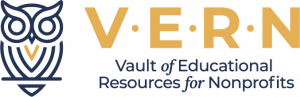 VERN℠ logo featuring a stylized navy-blue owl icon beside the gold letters “VERN.” Below the name appears “Vault of Educational Resources for Nonprofits” in navy-blue text. The logo represents BMWL’s digital resource library for nonprofit leaders.