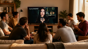 Group of 7 players on a sofa watching the video narrator on a main display during an Automated Murder Mystery Game™ by Mystery Enterprises™.