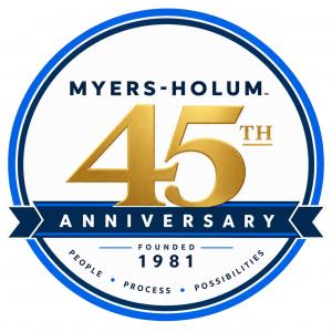 A badge commemorating Myers-Holum's 45th Anniversary