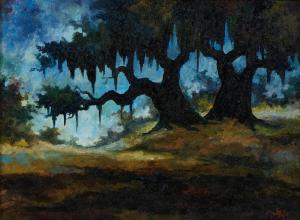 Original oil on canvas board painting by the renowned Louisiana artist George Rodrigue (1944-2013), titled Two Oaks Near the Broussard Farm (1989). Estimate: $30,000-$50,000