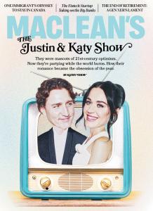 Cover of Maclean’s September 2026 issue featuring Justin Trudeau and Katy Perry smiling together inside a vintage turquoise television set. The cover story is titled “The Justin & Katy Show.”