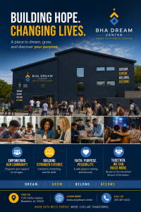 Promotional graphic for the BHA Dream Center featuring a rendering of the future community center with youth, families and community members gathered outside. Images highlight education, mentoring, collaboration and belonging. Text reads, “Building Hope.