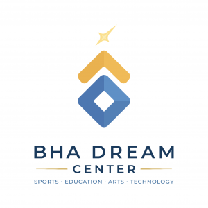 BHA Dream Center logo on a white background featuring a gold star and upward-pointing gold symbol above a blue diamond-shaped mark. Below, the words “BHA Dream Center” appear in blue, followed by “Sports • Education • Arts • Technology.”