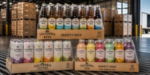 Variety packs of bottled beer, canned seltzers, and bottled tea prepared through G3 Enterprises’ contract packaging services in Chicago.