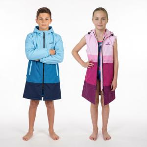 Boy wearing blue Parka jacket with sleeves and girl wearing pink vest created for swimmers