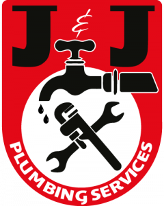 Official logo of J&J Plumbing Services featuring a red background, a black water faucet with dripping water, crossed plumbing tools, and bold white text reading "PLUMBING SERVICES"