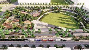 Aerial site rendering of Signature Park showing central green, playground, athletic terrace, and picnic pavilion