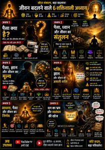 Hindi infographic presenting six chapters on money, meditation, knowledge, devotion, life decisions and freedom, with visuals representing mindfulness, learning, balance and personal growth.