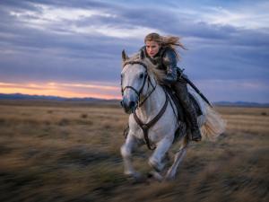 A Protoface Studio output of a woman riding a horse during sunset on an open field.