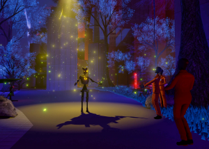 Atom stands in a glowing nighttime park in Uncanny Alley: A New Day, surrounded by blue trees, floating lights, and audience avatars in orange prison uniforms.