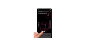 Gestureit CAD on Android showing a user modifying the corner of a 3D wireframe cube using touch-based geometry editing.