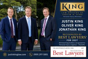 Rancho Cucamonga personal injury attorneys Justin King, Oliver King and Jonathan King of The Law Offices of Justin H. King recognized by Best Lawyers for 2027.