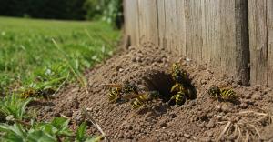 Yellowjacket wasps around a nest entrance in soil beside a wooden fence