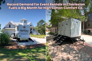 Two High Cotton Comfort Co. restroom trailers set up at Charleston-area event venues, showcasing luxury portable restroom rentals for events.