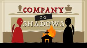 Company of Shadows movie poster — a red figure and a black figure face each other beside a burning church