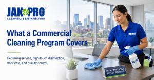 A JAN-PRO Cleaning & Disinfecting professional maintaining a modern office workspace, illustrating a recurring commercial cleaning program for businesses in the Twin Cities.