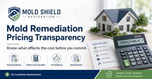Mold Shield Restoration graphic about mold remediation pricing transparency, cost guidance, online calculator, AI assistance and quote reviews for Louisiana homeowners.