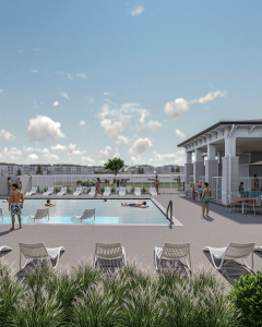 Pool deck with resort-inspired amenities at Silver Collection at Saxony in Fishers, Indiana.