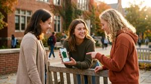 Three students on a college campus looking at a custom varsity jacket design on a phone.