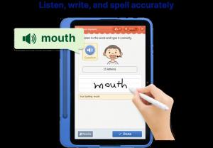 A child's hand holds a stylus and tablet and is writing mouth after hearing the tablet say the word.