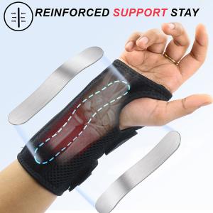 The photo is an infographic shot of a hand brace highlighting the sturdy plate support