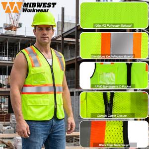 Amazon infographics photography for a vest highlighting features of the reflective vest on a construction worker.