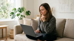 A woman researching cosmetic surgeons on a laptop at home.