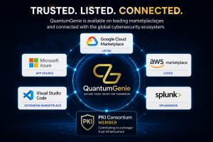 QuantumGenie ecosystem graphic showing availability across Google Cloud, Microsoft Azure, AWS Marketplace, Visual Studio Code and Splunk, alongside PKI Consortium membership.