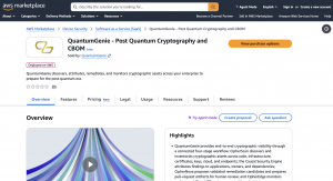 QuantumGenie Post Quantum Cryptography and CBOM product listing on AWS Marketplace, showing the product overview and purchase options.