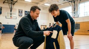A coach and a student looking at a navy and cream varsity letterman jacket in a school gym.