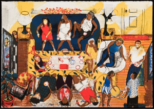 "The Get Together," a color lithograph by Carmen Cartiness Johnson, is an overhead perspective of a comfortable living room with two glowing lamps, a large plant, a fish tank, a pile of blankets, and television, where ten Black women and two Black men com