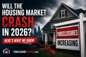 Foreclosure sign outside a home with the headline “Will the Housing Market Crash in 2026?” representing rising foreclosures and changing U.S. housing market conditions.