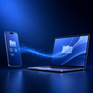 Smartphone and laptop connected by a luminous blue data-transfer path, representing browser-based file transfer between devices.