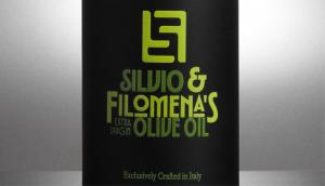 Close-up of the Silvio & Filomena’s Olive Oil bottle label and custom logo designed by Brand Force 5.