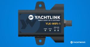 YachtLINK YLK-1-WIFI marine gateway, a dark ruggedized enclosure with power, status and NMEA 2000 Tx/Rx indicator lights.