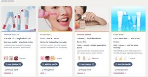 Curated Naru Box sets on Hannaru, each pairing three samples from a different Korean beauty brand with an Add this box control and a direct Message brand link.
