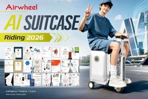 Airwheel luxury AI rideable suitcase at airport boarding gate