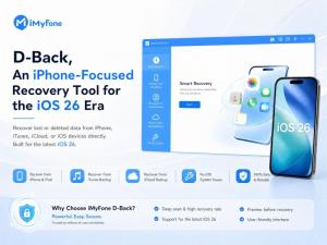 iMyFone D-Back promotional graphic showing an iPhone-focused iOS 26 data recovery tool with options to recover from iPhone, iTunes backup, and iCloud backup.