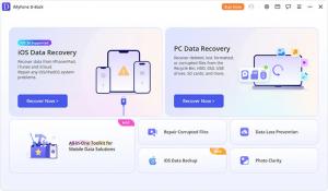 Screenshot of the iMyFone D-Back dashboard showing iOS Data Recovery, PC Data Recovery, file repair, data loss prevention, iOS backup, and photo clarity options.