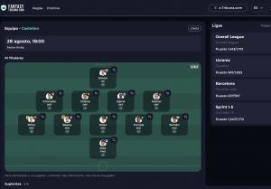 Captura de pantalla de Fantasy Tribuna.com mostrando una alineación 4-5-1 de La Liga con jugadores como Simón, Grimaldo y Olmo, junto al ranking de ligas en la barra lateral.