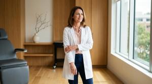 A doctor in a white coat standing in a modern, light-filled clinic room.