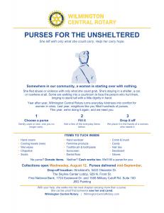 Purses for the Unsheltered 2026 campaign flyer showing drop-off locations and items to donate.