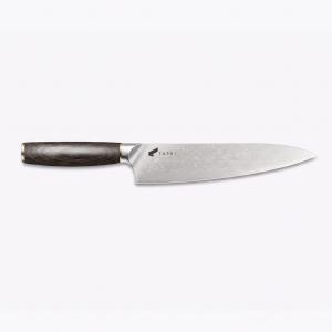 Taski 8-inch Japanese Gyuto chef knife with a Damascus steel pattern blade and dark wood handle isolated on a plain white background.