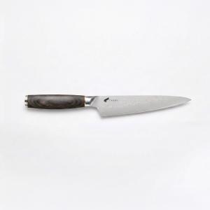 Taski 5.5-inch Japanese utility knife with a 67-layer Damascus steel blade pattern and dark wood handle isolated on a plain white background.