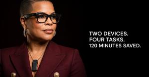 Marki Lemons Ryhal wears an oxblood suit, black Meta Ray-Ban smart glasses, and a black wearable AI voice recorder against a black background. Large white text reads, “Two Devices. Four Tasks. 120 Minutes Saved.”