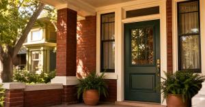 Historic Denver brick home with a deep green painted front door and warm cream painted wood trim on a tree-lined residential street