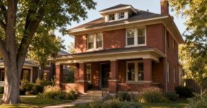 Historic two-story brick Denver Square home with a wide covered front porch and mature shade trees on a tree-lined street in a century-old Denver neighborhood