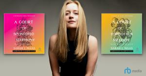 Photo of Elizabeth Evans, A Court of Splintered Harmony audiobook cover, A Court of Forgotten Melody audiobook cover